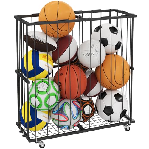 Hencawima Large Garage Ball Storage, Rolling Floor Sports Equipment Organizer: Freestanding Ball Rack with Elastic Rope–, Ball Holder for Basketball, Soccer, Football, Volleyball, Garage, Gym, Black - size: Large, style: With Wheels,Rectangle