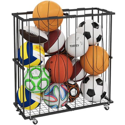 Hencawima Large Garage Ball Storage, Rolling Floor Sports Equipment Organizer: Freestanding Ball Rack with Elastic Rope–, Ball Holder for Basketball, Soccer, Football, Volleyball, Garage, Gym, Black - size: Large, style: With Wheels,Rectangle