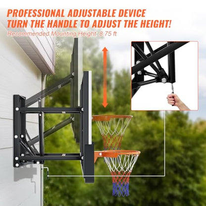 54 Inch Wall Mounted Basketball Backboard, Adjustable-Height Backboard and Rim Combo, Outdoor Wall Mount Basketball Hoop Fit Most Slanting Roofs