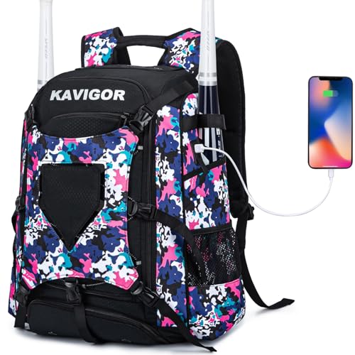 KAVIGOR Baseball Bag for Youth and Adult, Softball Backpack 50L Large Capacity, Equipment Backpack with Laptop Compartment and Charge Port