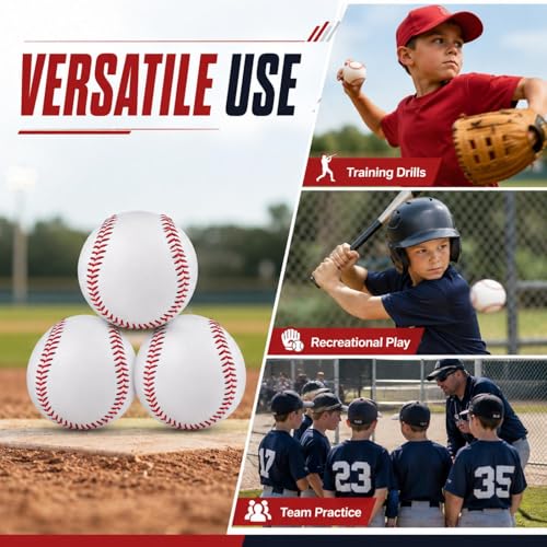 Hard Baseballs, Classic White Baseball Practice Balls, Raised Seam Training Baseballs for Batting, Pitching, Catching, Team Practice, Recreational Play, Youth Teen Adult (3)