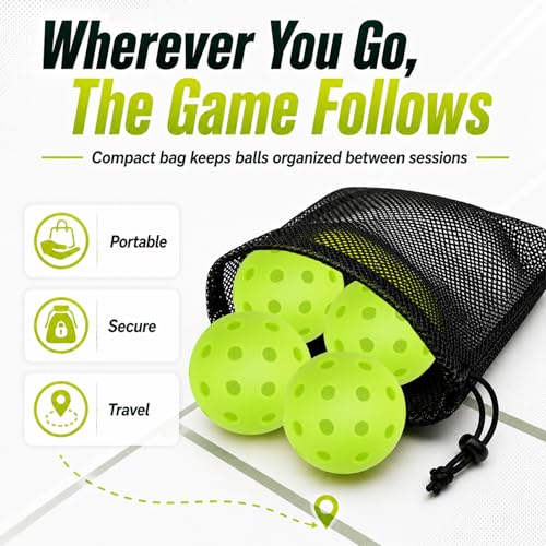 4 Pack of Outdoor/Indoor Pickleball Balls | Crack-Resistant 40 Holes Outdoor Pickleball Balls with Storage Bag | Perfectly Balanced High Bounce - Pickle Ball for Training & Tournament Play (Green)
