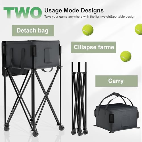 Tennis Ball Hopper for 120 Balls，Tennis Ball Basket with Removable Storage Bag，Wheeled Tennis Ball Cart for Serve Training ，Portable Pickleball Baseball Hopper Basket