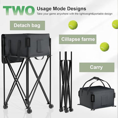 Tennis Ball Hopper for 120 Balls，Tennis Ball Basket with Removable Storage Bag，Wheeled Tennis Ball Cart for Serve Training ，Portable Pickleball Baseball Hopper Basket
