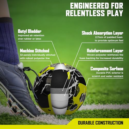 RBX Size 5 Soccer Ball, Durable 32 Machine-Stitched Panel Construction, Superior Air Retention, All Weather Design, High Contrast Graphics - color: Volt