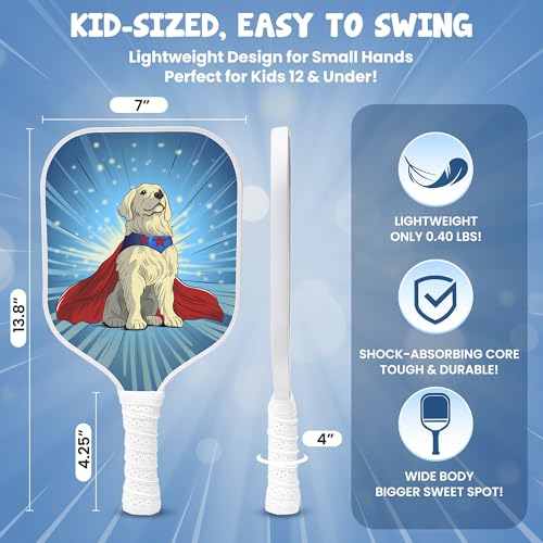 Kids Pickleball Paddle Designed for Ages 3–12 | Lightweight Fiberglass (0.37 lbs) | Small Grip for Easy Control | Fun Beginner Gift for Girls, Toddlers & Youth - color: Dog