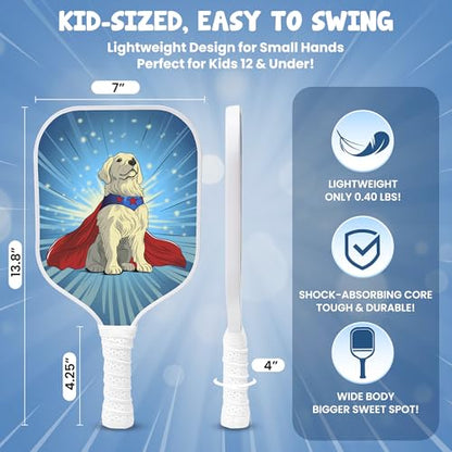 Kids Pickleball Paddle Designed for Ages 3–12 | Lightweight Fiberglass (0.37 lbs) | Small Grip for Easy Control | Fun Beginner Gift for Girls, Toddlers & Youth - color: Dog
