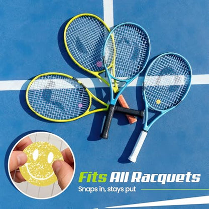 Tennis Racket Dampener - Glitter Smiley Face Designs - Vibration & Noise-Reducing Tennis Shock Absorber for Racquets - Secure, Easy-Install Accessories for Players of All Levels - style: Yellow