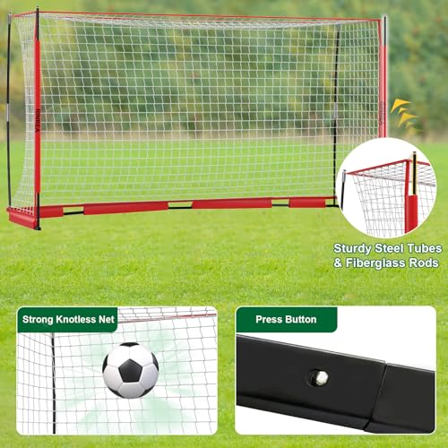 RINREA Portable Soccer Goal, Collapsible Soccer Goal Net Metal Base, Quick Setup Soccer Training Equipment with 1 Carry Bag, 1 Agility Ladder, 4 Ground Nails - color: 14×7ft Red