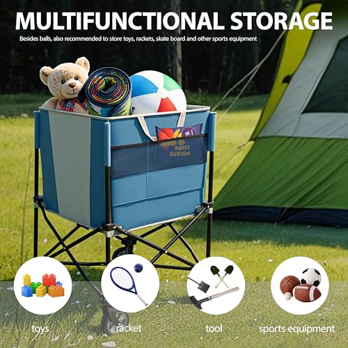 ZeHuoGe Rolling Ball Storage Cart with Wheels, Collapsible Garage Sports Equipment Organizer for Volleyball Basketball Tennis Toy Storage Multi-Sport Family Gym