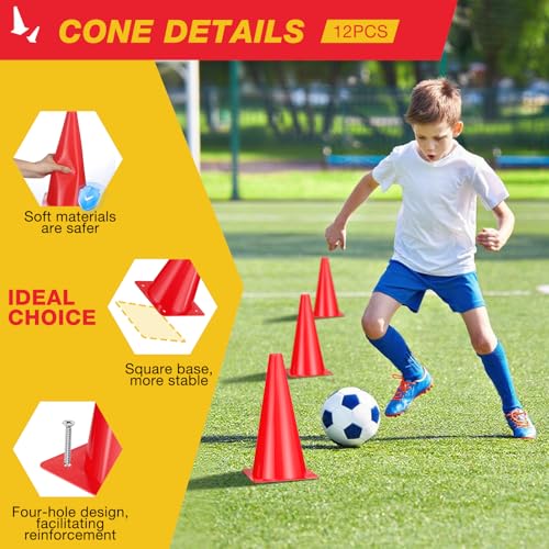 12 Inch Durable Cones,12pcs Versatile Plastic Traffic Cones and Soccer Cones for Sports Training,Agility Drills,Parking Safety,Basketball Training,Football Training. - color: red