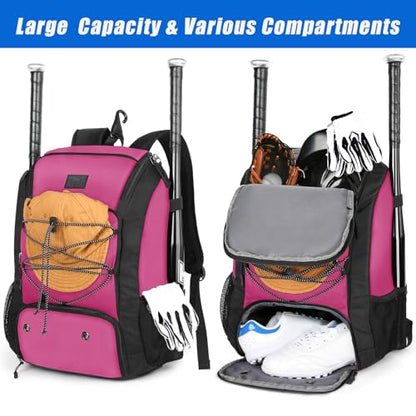 MATEIN Baseball Backpack, Softball Bat Bag with Shoes Compartment for Youth, Boys and Adult, Lightweight Baseball Bag with Fence Hook Hold TBall Bat, Batting Mitten, Helmet, Caps, Teeball Gear - color: Pink Black, size: 29L