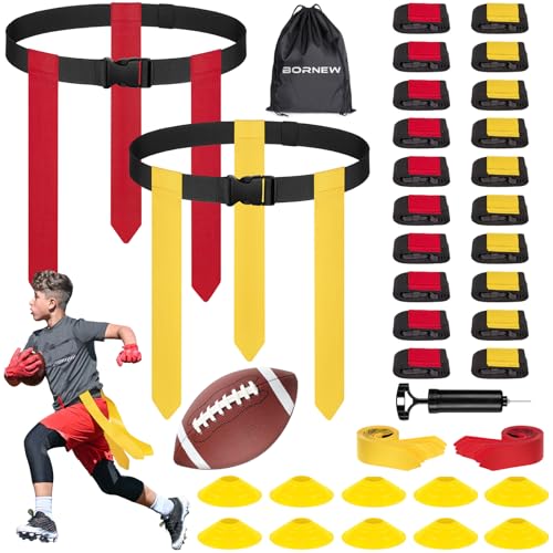 BORNEW Flag Football Set - 14/20 Player Adjustable Belts with Cones, Football, Pump, Bag, for Youth and Adults Training - color: 1.red Yellow With Black Pump, style: 20 Player Kit