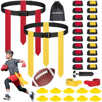 BORNEW Flag Football Set - 14/20 Player Adjustable Belts with Cones, Football, Pump, Bag, for Youth and Adults Training - color: 1.red Yellow With Black Pump, style: 20 Player Kit
