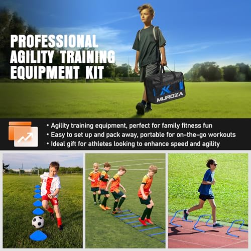 MUROZA Agility Ladder, Agility Speed Training Equipment Set, 20ft Speed Ladder, 12 Soccer Cones, 4 Hurdles, Jump Rope, Running Parachute, Soccer Football Basketball Training Equipment Accessories