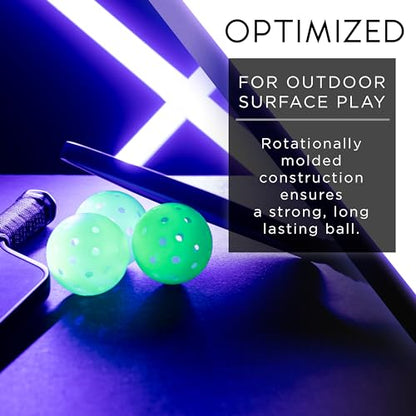 Franklin Sports Glow in The Dark Outdoor Pickleballs - Light Up Pickleball Balls for Nighttime Pickleball - Glow in The Dark Green Pickleball Balls - Charge in Indoor Light + Sunlight