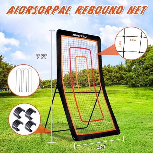4x7FT Lacrosse Rebounder, Volleyball Rebounder Net, 5 Adjustable Angles Lacrosse Bounce Back for Backyard & Outdoor, Baseball Softball and Soccer Rebound with Target Strip, Sturdy Frame