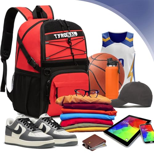 Basketball Bag Backpack with Ball Holder and Shoes Compartment,Best for Basketball, Soccer, Volleyball, Gym. (RED) - color: Red