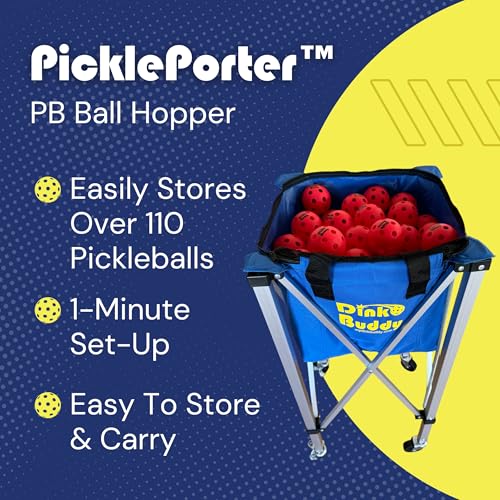 Pickleball Hopper with Wheels – Portable Ball Caddy – Pickleball Basket Holds 110 Balls