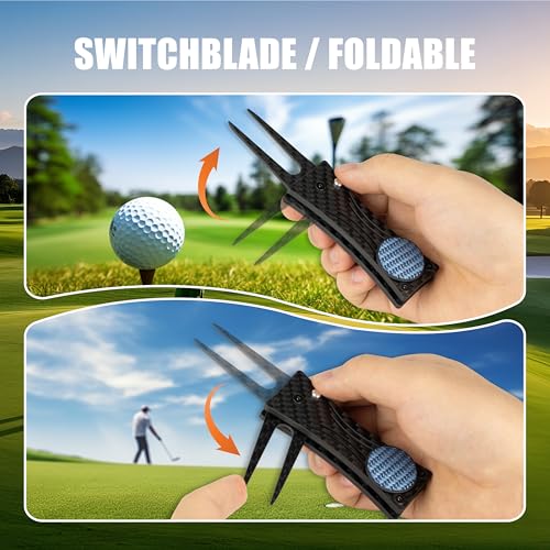 SANDIAN, Golf Divot Repair Tool, Strong Super Light Carbon Fiber T800 Made Switchblade Foldable, Magnetic Ball Marker, Leather Holster, Easy to Carry in Pocket, for Professional and All Golfers