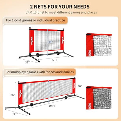 Portable Mini Pickleball Net with 2 Nets, 5ft & 10ft Small Pickleball Net for Indoor and Outdoor Training with Heavy Duty Structure, Durable Net, Carry Bag and Chalks