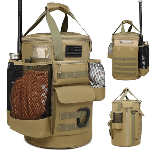 Baseball Bucket Bag Baseball Coaching Accessories Organizer Tactical Style Softball Bucket Bag with Anti-Slip Bottom, Multiple Pockets for Bat, Gloves, Scoreboards - color: Brown