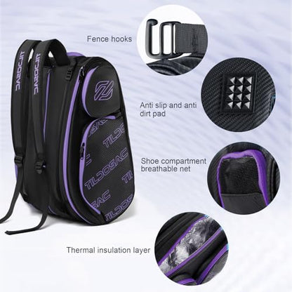 TILDOSAC 2-in-1 Detachable Pickleball & Padel Bag for Men Women | Thermal Foil Insulated Racket Compartment | Outdoor & Gym - color: Black Purple