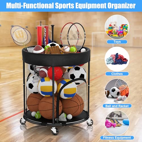 Ball Storage, Basketball Holder Ball Rack Basketball Organizer Bin 2 Side Opening Ball Cart with Wheels Sports Equipment Organizer Ball Organizer for Garage Room Gym Indoor & Outdoor