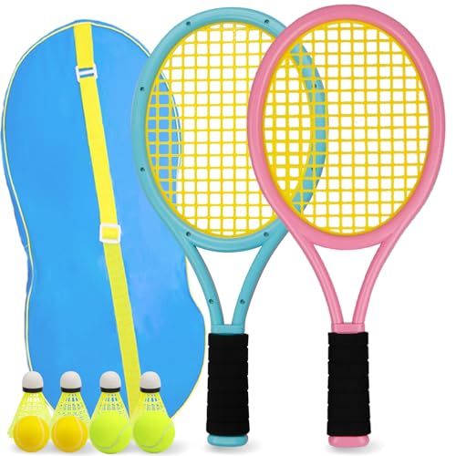 Kids Tennis Racket 17 Inch Lightweight for Junior Toddlers - Includes 2 Tennis Balls, 2 Sponge Balls, 4 Shuttlecocks & Carry Bag - color: Blue & Pink