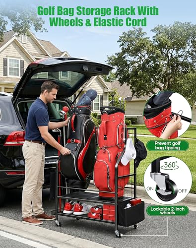 FHXZH Golf Bag Storage Garage Organizer - Golf Bag Stand Fit for 2 Bag, Extra Clubs, Balls, Shoes, and Golf Equipment Accessories, Golf Storage Rack for Garage, Club, Shed