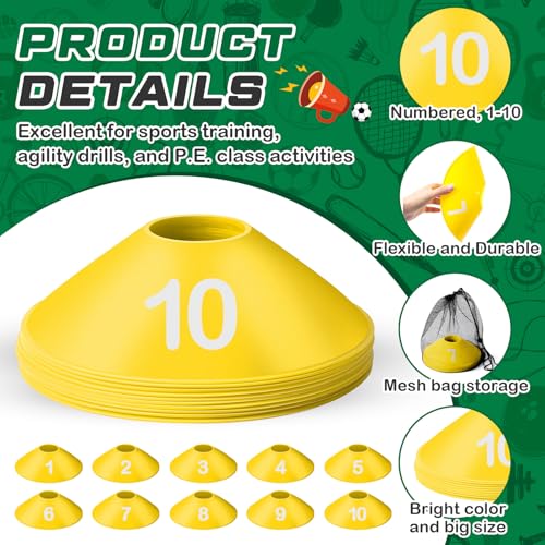 10 Pcs Numbered Sports Disc Cones 1-10 Soccer Cones with Mesh Carry Bag Flexible Agility Cones Soft Field Cones for Gym PE Classes School Activities Games, Sports Training Equipment - color: Yellow