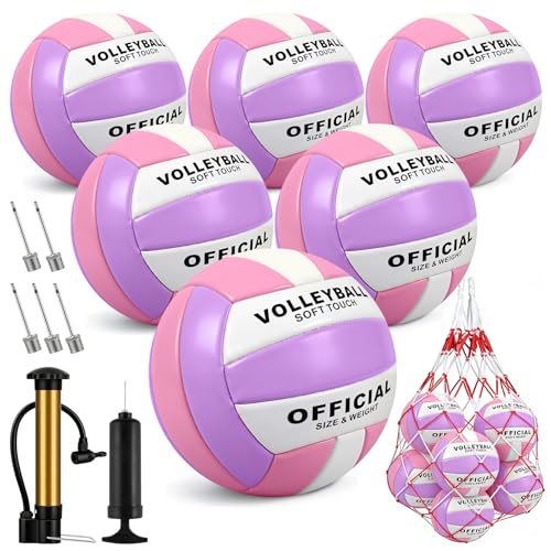 6 Pack Volleyballs Official Size 5, Waterproof Soft Volleyball With Pump and Net Bag for Indoor Outdoor Beach Pool Water Gym Training - Competition Volley Ball for Training Match for Beginner - color: Pink-Purple-White