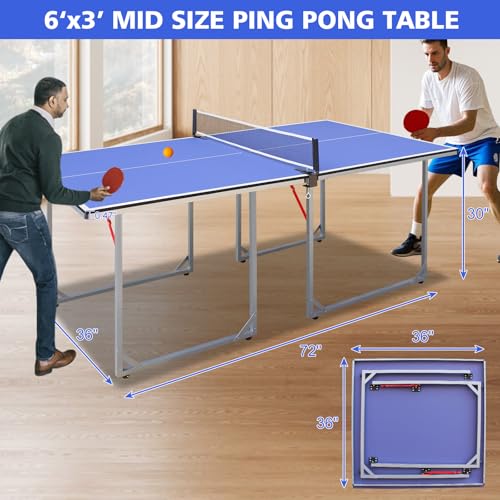 Foldable Ping Pong Table Portable 4.5FT/6FT/9FT Indoor MDF Table Tennis Table Multi-Purpose Family Game Table with Net, 2 Paddles and 3 Balls for Kid Teenager Adult - color: 6FT Blue White