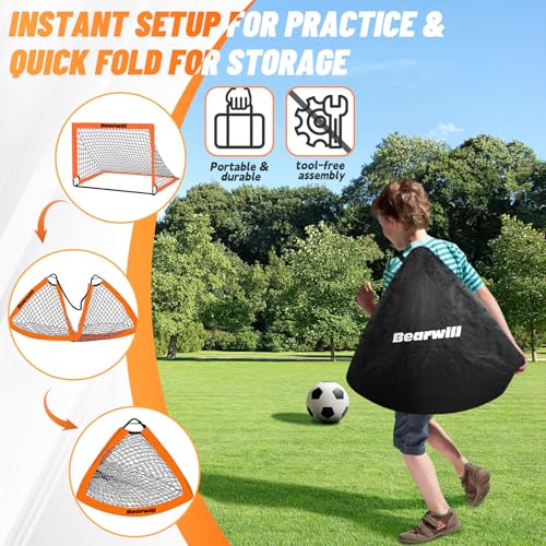 Bearwill Soccer Goal, Kids Soccer Goals for Backyard Set of 2, 4x3ft Portable Soccer Goal Pop Up Soccer Net, Kids Soccer Net Training Equipment with Soccer Ball, Ladder, Cones, Targets - color: Orange