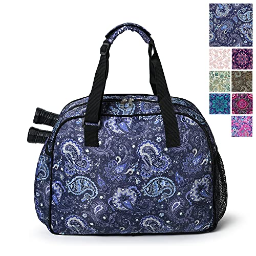 Boulder Bee Pickleball Bags, Premium Pickleball Tote Bag for Girls, Women’s Hand/Shoulder Gym Bag w Water Bottle Holder, with Pickleball Racquet/Paddle Holder - color: Blue cashew flower