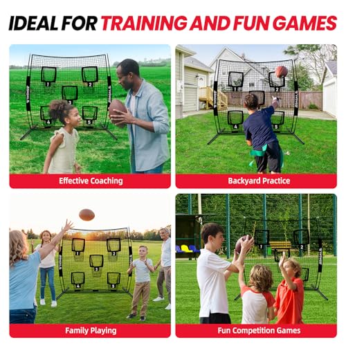 BAGAIL Football Throwing Net - 5 or 9 Target Pockets, Easy Setup, Heavy-Duty - Portable QB Accuracy Trainer, Fun Target Practice Net for Football with Carry Bag - color: Black, style: 7'x 7' - 5 Pockets