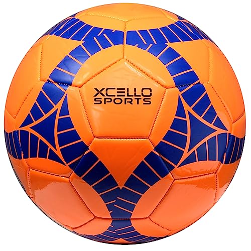 Xcello Sports Soccer Ball Size 4 Assorted Graphics (Orange, Green, Navy) with Pump (Pack of 6)