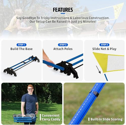 EastPoint Easy Setup Badminton Set - 15 ft Net, 4 Rackets, 2 Shuttlecocks - Quick Setup Net for Backyard Games - Steel Shaft Badminton Rackets for Family Games - Durable Shuttlecocks for Outdoors