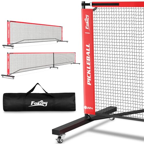 Fostoy Portable Pickleball Net Set with Wheels, Regulation Size 22 FT & Half Court 11 FT, Steady Metal Frame Pickle Ball Net Set System with Carry Bag for Backyards, Driveways, and Garages - color: Black&Red