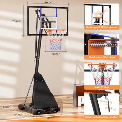 Asbest Basketball Hoop Outdoor Portable 44 Inch Backboard, 5.3-10FT Adjustable Goal System with Wheels for Kids, Teens & Adults, Backyard & Driveway