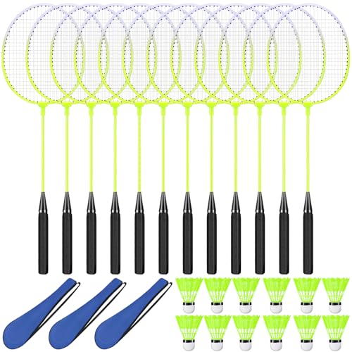 12 Pack Badminton Rackets Set Including Badminton Racquets, Nylon Shuttlecocks and Carry Bag for Outdoor Backyard Games Beginners - color: Fluorescent Yellow