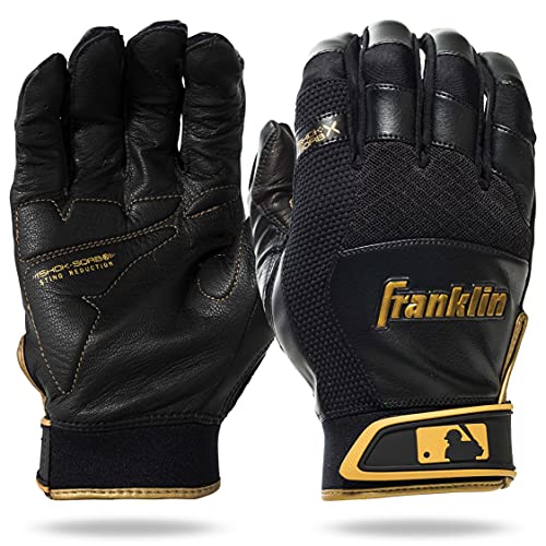 Franklin Sports MLB Baseball Batting Gloves - Shok-Sorb X Batting Gloves for Baseball + Softball - Adult + Youth Padded Non-Sting Batting Glove Pairs - Multiple Colors + Sizes - color: Black/Gold, size: Youth Medium