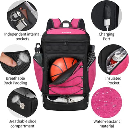 Basketball Backpack Bag Large Sports Bag with Separate Ball holder & Shoes compartment, Best for Basketball, Soccer,Volleyball,Gym - color: Pink