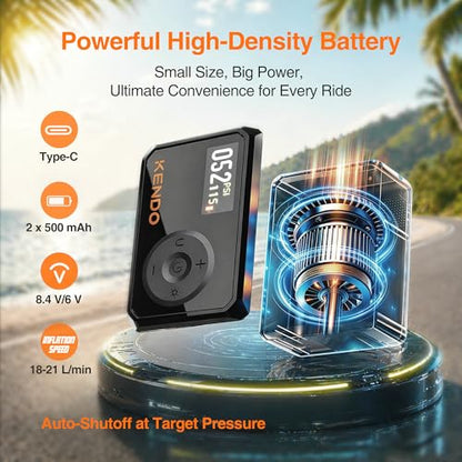 KENDO Mini Electric Bike Pump, 120 PSI Fast Inflation Portable Tire Inflator with Auto Shut-Off & Digital Gauge, USB-C Rechargeable, Presta & Schrader Compatible for Road Bike, MTB, E-Bike, Ball Pump