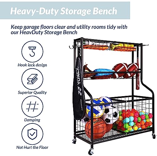 Fitvids Garage Sports Equipment Organizer, Garage Ball Storage, Sports Gear Storage, Garage Organizer with Baskets and Hooks, Rolling Sports Ball Storage Cart, Black, Steel - style: 3-Tier with Large Base