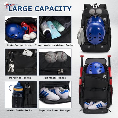 RAINSMORE Baseball Bag for Youth & Adult 40L Large Softball Bag Lightweight Baseball Backpack with Helmet Holder, Shoe Compartment, Fence Hook Waterproof Bat Bag for Baseball Softball Tball Equipment - color: Black