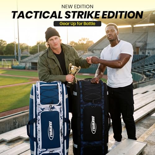 100L Rolling Catchers Gear Bag for Baseball Softball, Tactical Strike Edition, Fits Full Set & 8 Bats, All-Terrain Wheels, Stand-Up Base, Vented Shoe Zone, Reflective Strip, Fence Hooks