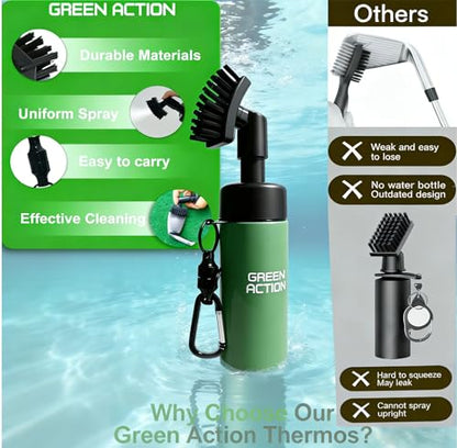 Golf Club Brush with Magnetic Clip & Water Sprayer - 5oz Capacity, Stiff Bristles for Deep Cleaning, Silicone Hose & Gravity Ball for Easy Use on Course - color: Green