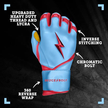 BRUCE BOLT Signature Series Long Cuff Batting Gloves - Pro-Athlete Collection - Adult & Youth Sizes - color: Bader/Baby Blue, size: Small