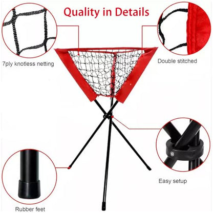 Portable Baseball Training Net, Collapsible Ball Return Net with Carry Bag, Red and Black